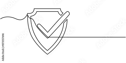 Security shield with check mark of one continuous line drawn. Shield drawn in one line. Safety and anti-virus protection concept. Vector illustration, Shield Protection Continuous Line Icon, Shield.