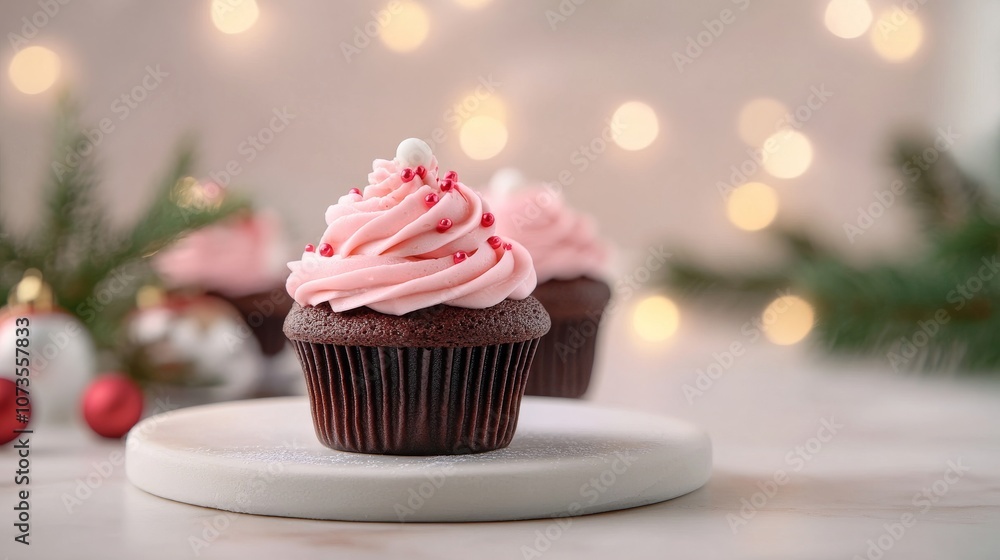 Festive chocolate cupcakes with pink frosting and sprinkles Festive chocolate cupcakes with pink frosting and sprinkles