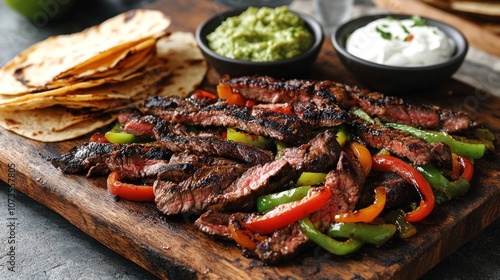 Grilled Steak Fajitas with Tortillas, Guacamole and Sour Cream