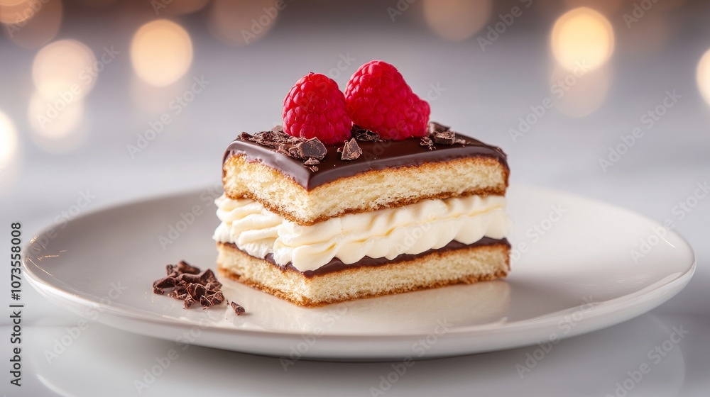 Indulgent chocolate dessert with raspberries and cream Indulgent chocolate dessert with raspberries and cream