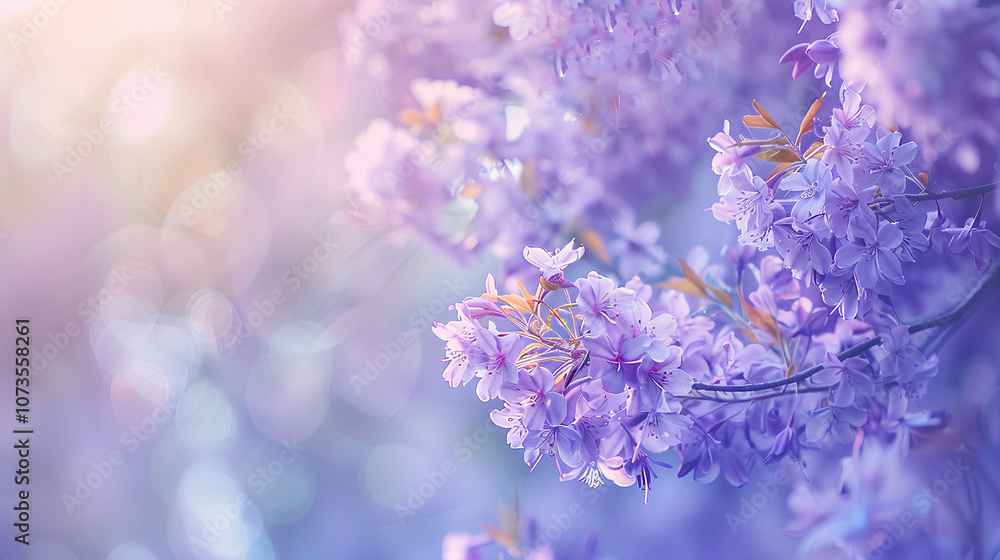beautiful photograph of purple jacaranda flowers in full bloom, with a blurred background of sky and trees. creating an ethereal effect against the soft pastel blue backdrop. beautiful photograph of purple jacaranda flowers in full bloom, with a blurred background of sky and trees. creating an ethereal effect against the soft pastel blue backdrop.