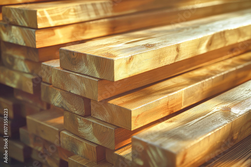 Stacked seasoned pine boards at a sawmill ready for construction and carpentry in a rustic setting photo