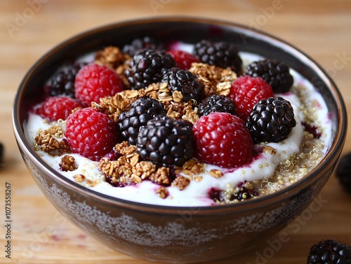 Quinoa Breakfast Bowl with Greek Yogurt, Berries, and Granola