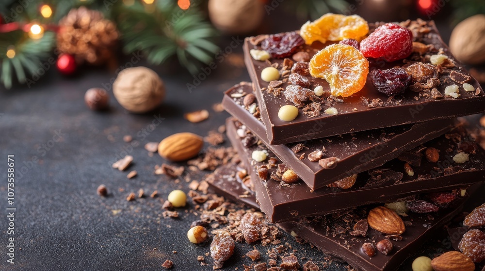 Festive chocolate bark adorned with dried fruits and nuts Festive chocolate bark adorned with dried fruits and nuts
