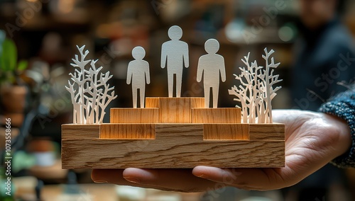 A hand is holding wooden blocks with paper cutouts of people walking up the steps, symbolizing business growth and personal development in professional life. 