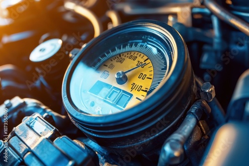 Detailed Close-up of a Diesel Engine Oil Pressure Gauge Displaying Critical Metrics with Mechanical Components in a Well-Lit Automotive Environment photo