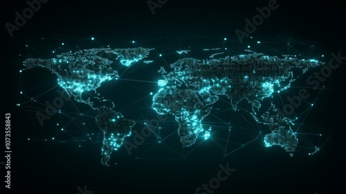 A glowing blue digital map of the world with a network of connected dots.