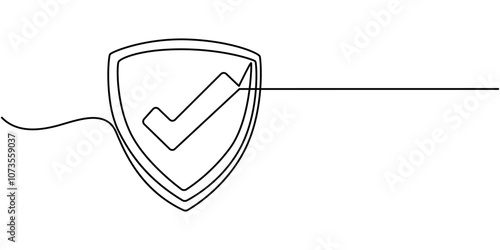 Security shield with check mark of one continuous line drawn. Shield drawn in one line. Safety and anti-virus protection concept. Vector illustration, Shield Protection Continuous Line Icon, Shield.