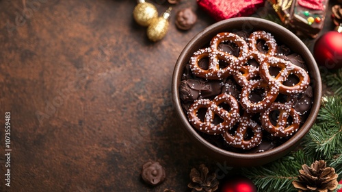 Festive chocolate-covered pretzels in a holiday bowl photo