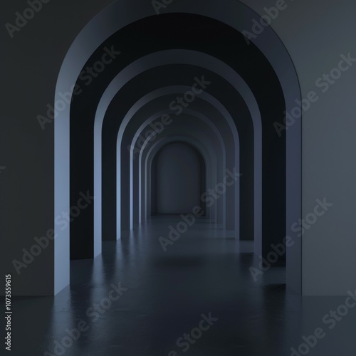 Surreal sequence of arches in a dim corridor