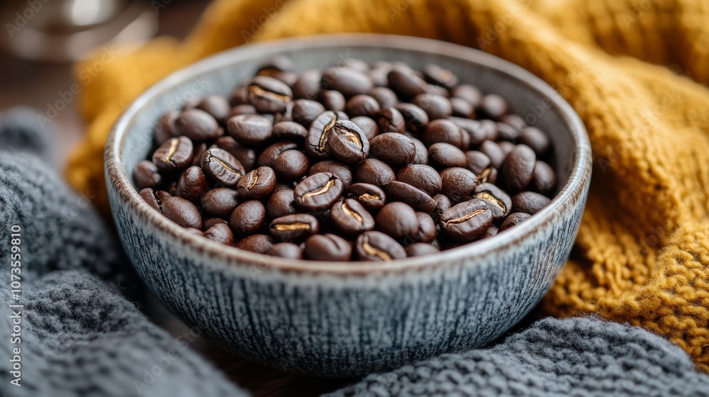 Close-up of roasted coffee beans in a decorative bowl Close-up of roasted coffee beans in a decorative bowl