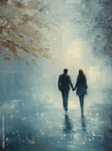 An oil painting of a couple holding hands as they walk down a misty, reflective path surrounded by soft, cool tones of blue and hints of autumn leaves, creating a serene and romantic atmosphere