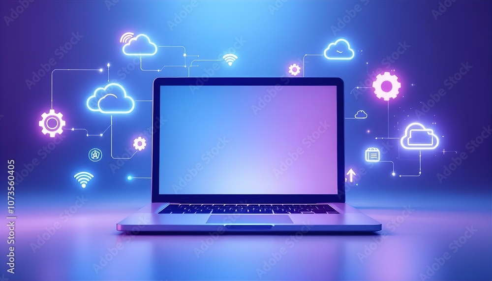 Laptop with Glowing Weather Icons: Modern Meteorology and Forecasting. Laptop with Glowing Weather Icons: Modern Meteorology and Forecasting.