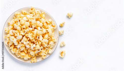 Pop corn or popcorn is a variety of corn kernel which expands and puffs up when heated. The term also refers to the snack food produced by the expansion. One of the oldest snacks. Isolated on white