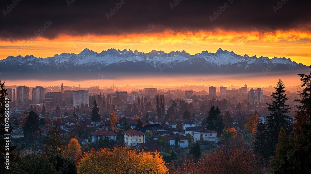 Obraz premium A city skyline with a mountain range in the background at sunset.