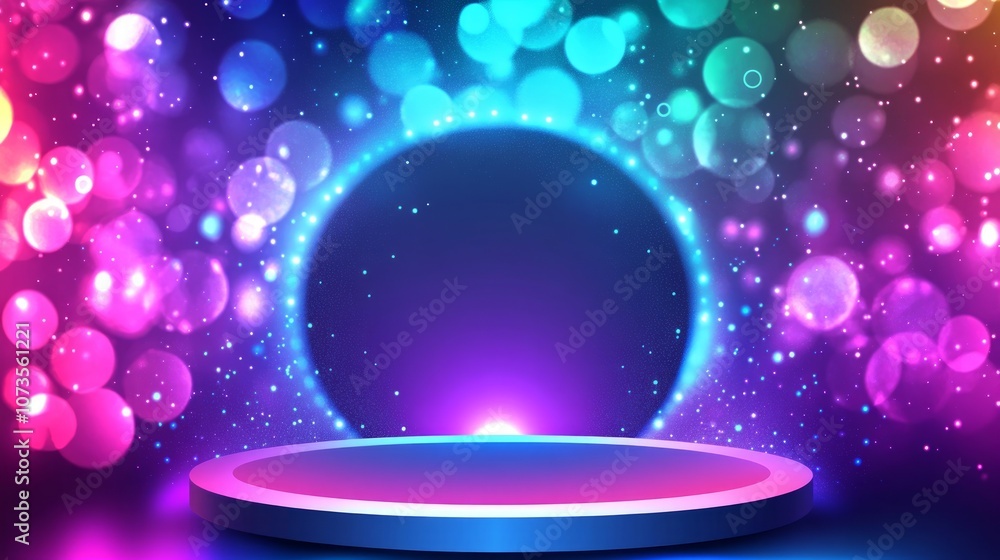 A glowing neon circle with a pedestal in front, perfect for showcasing products or text. A glowing neon circle with a pedestal in front, perfect for showcasing products or text.