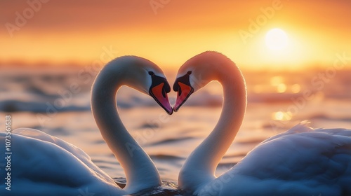 Fototapeta Naklejka Na Ścianę i Meble -  Two swans making heart shape with their necks while swimming on the lake on sunset