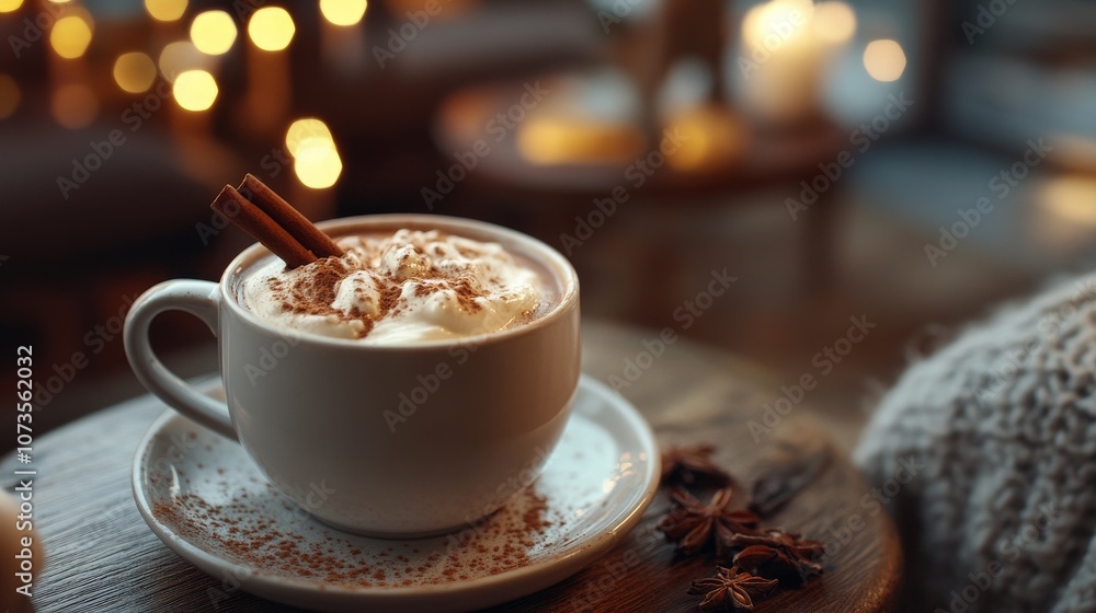 Cozy hot chocolate with cinnamon in a warm setting