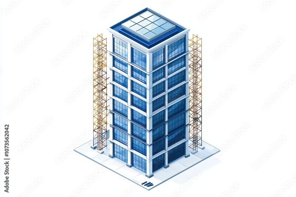 Modern skyscraper under construction with cranes and glass facade. Modern skyscraper under construction with cranes and glass facade.