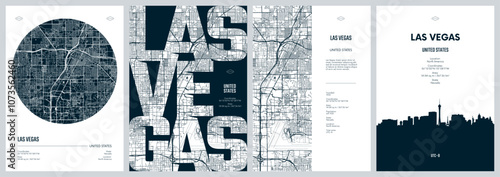 Set of travel posters with Las Vegas, detailed urban street plan city map, Silhouette city skyline, vector artwork