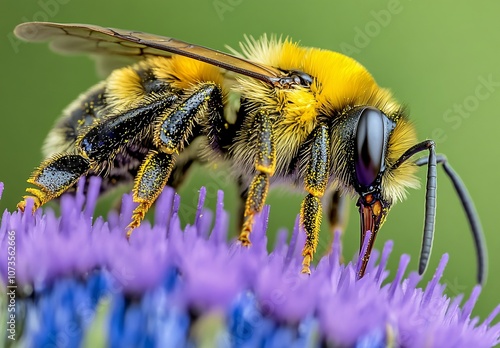 Close-up of a Bumblebee on a Purple Thistle Flower photo