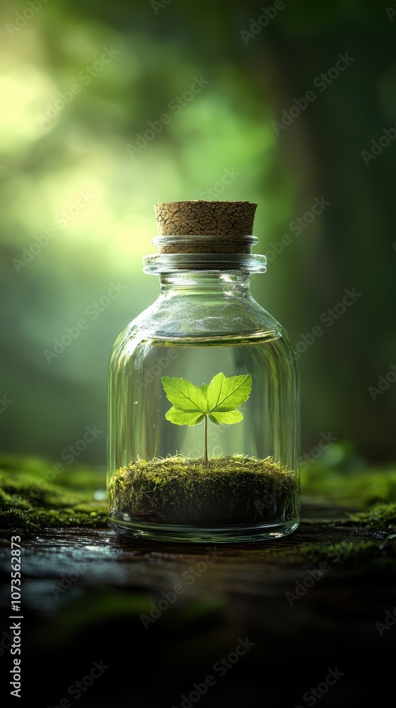 A small glass jar contains a delicate green plant growing in moss, illuminated by soft natural light, symbolizing growth and sustainability, Ideal for eco-friendly themes, gardening A small glass jar contains a delicate green plant growing in moss, illuminated by soft natural light, symbolizing growth and sustainability, Ideal for eco-friendly themes, gardening