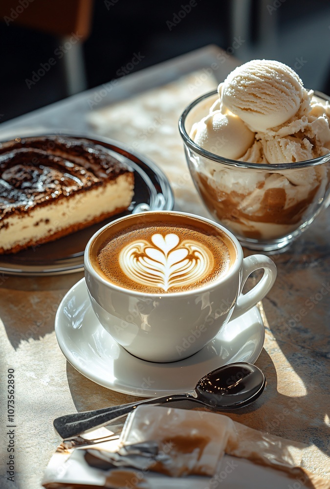Close-up Latte Art with Cake and Ice Cream Close-up Latte Art with Cake and Ice Cream