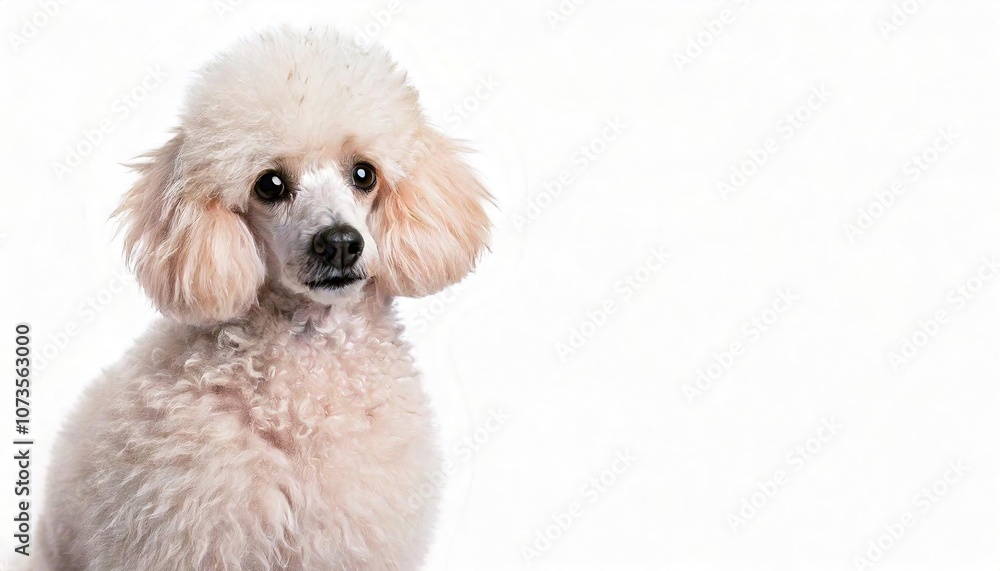 White Toy Poodle, a small, elegant dog with a long neck and slender muzzle. Their coats are curly and profuse, and come in many colors, including black, brown and white. Isolated on white background White Toy Poodle, a small, elegant dog with a long neck and slender muzzle. Their coats are curly and profuse, and come in many colors, including black, brown and white. Isolated on white background