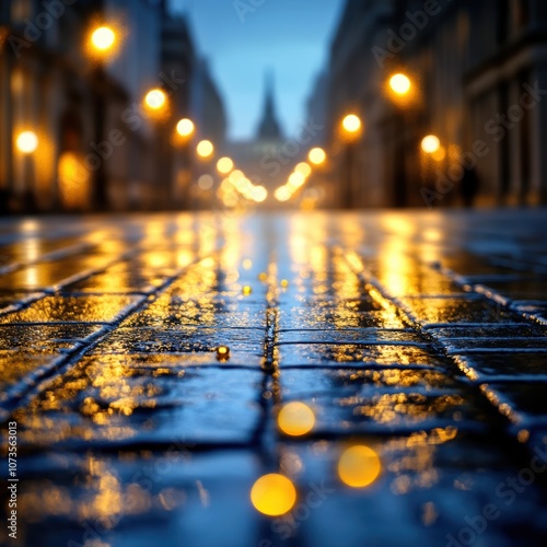 A serene wet street glistens under amber streetlights, creating a moody atmosphere perfect for depicting urban elegance or rainy day scenes, Ideal for blogs, travel articles, or city promotions, photo