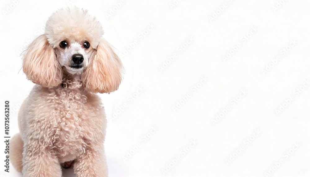 White Toy Poodle, a small, elegant dog with a long neck and slender muzzle. Their coats are curly and profuse, and come in many colors, including black, brown and white. Isolated on white background White Toy Poodle, a small, elegant dog with a long neck and slender muzzle. Their coats are curly and profuse, and come in many colors, including black, brown and white. Isolated on white background