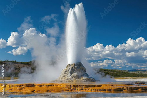 Wallpaper Mural A spectacular geyser erupts against a vivid blue sky, surrounded by lush greenery and colorful mineral formations. Torontodigital.ca
