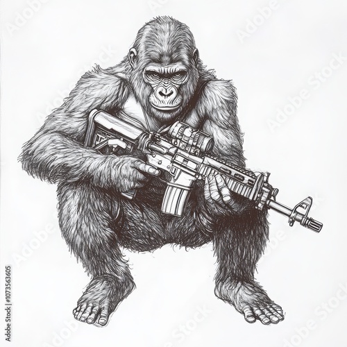 Vintage-style tattoo design of a gorilla crouching, holding an M4 rifle at the ready. The gorilla has sharp details in its face and muscles