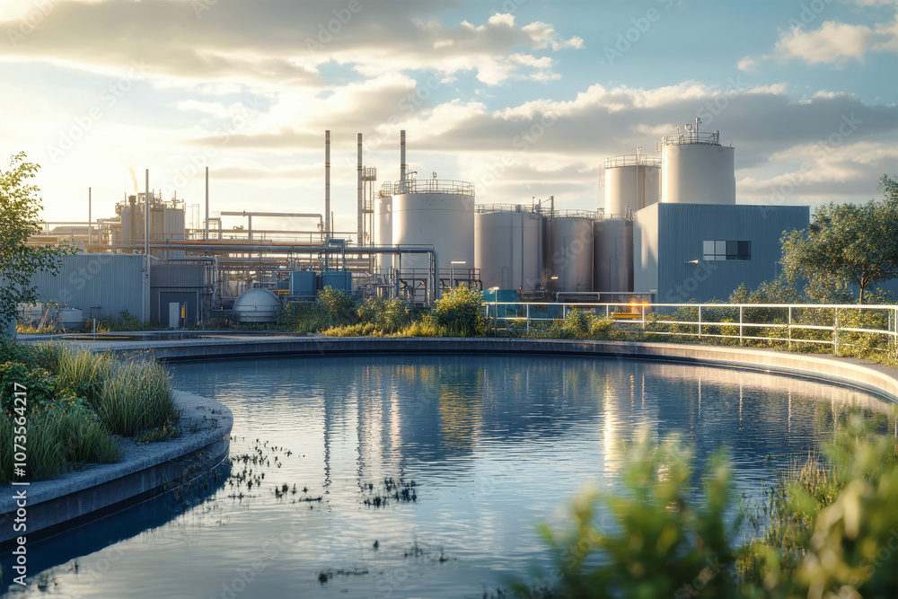 Water treatment plant with clean water pool and industrial facilities in background showcasing environmental technology and infrastructure Water treatment plant with clean water pool and industrial facilities in background showcasing environmental technology and infrastructure