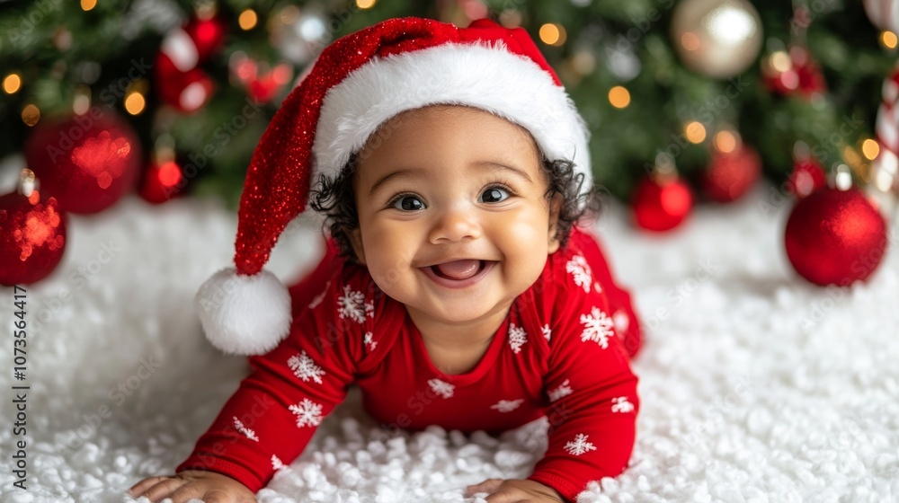 Cute baby wearing Santa hat and Christmas outfit smiling at camera in front of decorated Christmas tree Cute baby wearing Santa hat and Christmas outfit smiling at camera in front of decorated Christmas tree