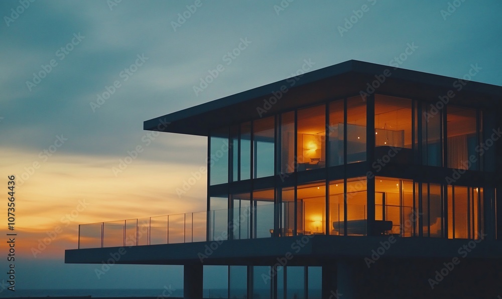 Modern glass house with warm interior lights against a dramatic sunset sky. Modern glass house with warm interior lights against a dramatic sunset sky.