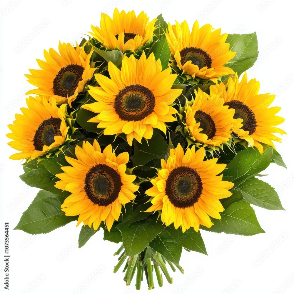 Obraz premium Vibrant bouquet of sunflowers with rich green leaves.