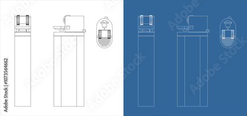 Lighter cigarette vector from various positions line technical drawing blueprint isolated on transparent background