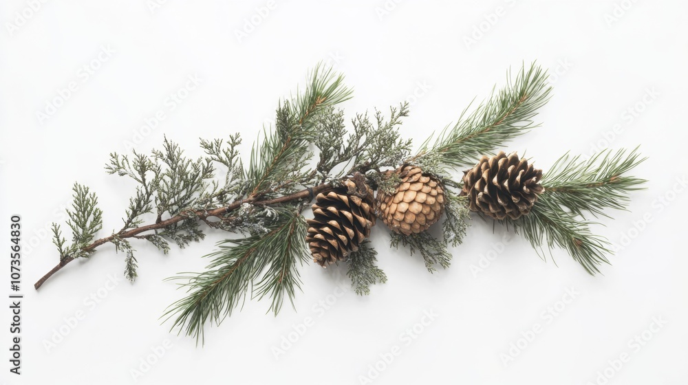 Christmas pine branch with pine cones on white background Christmas pine branch with pine cones on white background