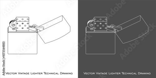 vintage Lighter cigarette vector from various positions line technical drawing blueprint isolated on transparent background