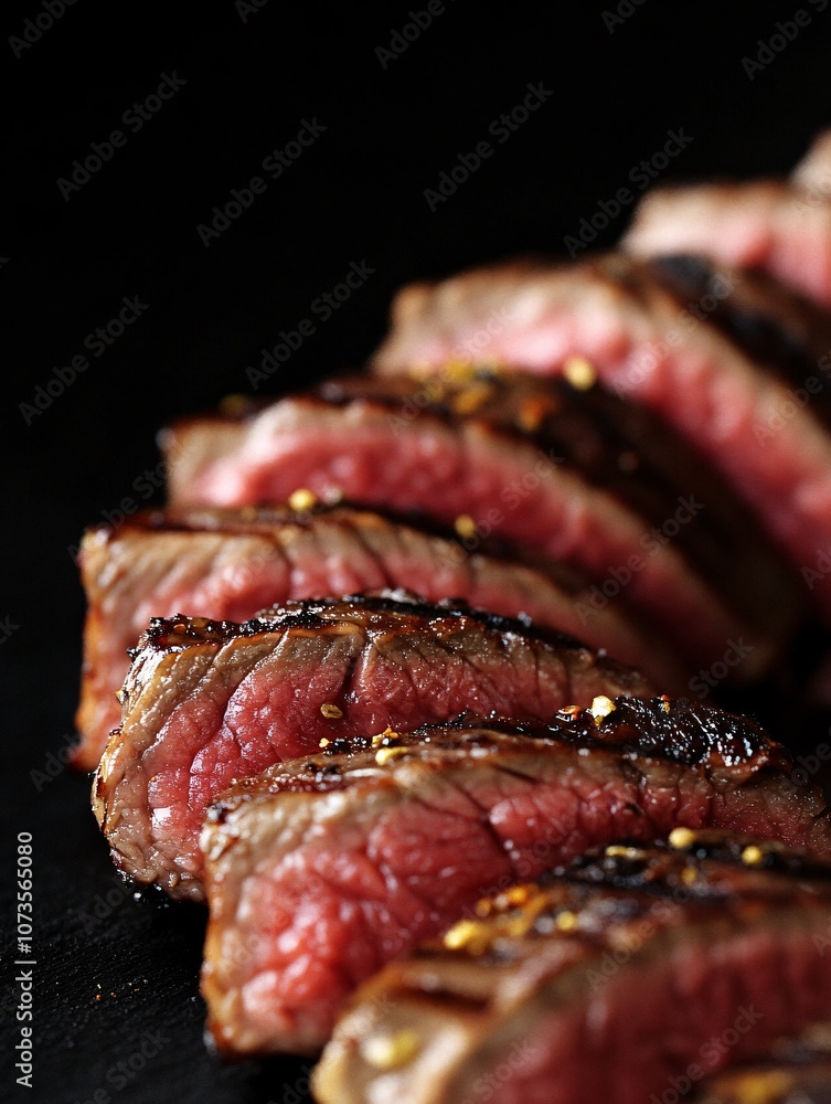 Seared Medium Rare Beef Slices on Black Background Seared Medium Rare Beef Slices on Black Background