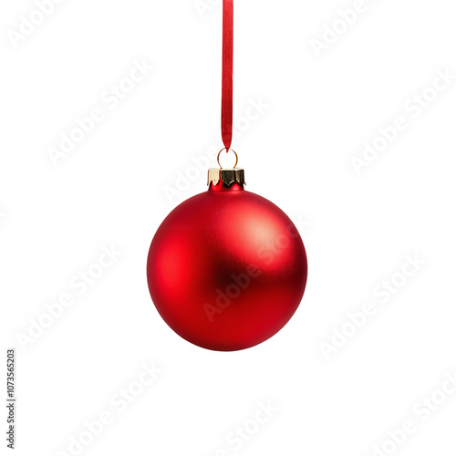Glossy red Christmas bauble with a gold top and red ribbon.