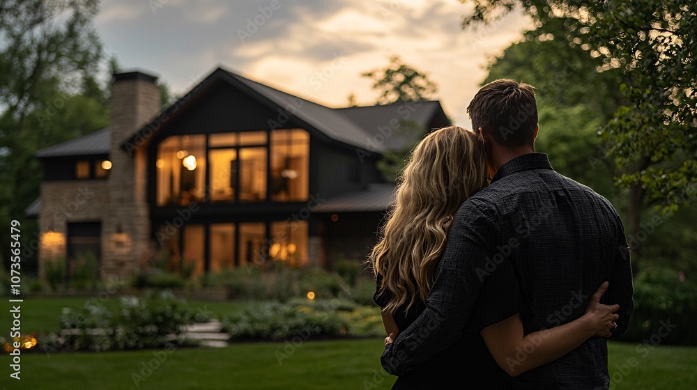 Obraz premium A couple embraces peacefully in front of a beautifully lit home during sunset, capturing a moment of love and tranquility in a serene environment.