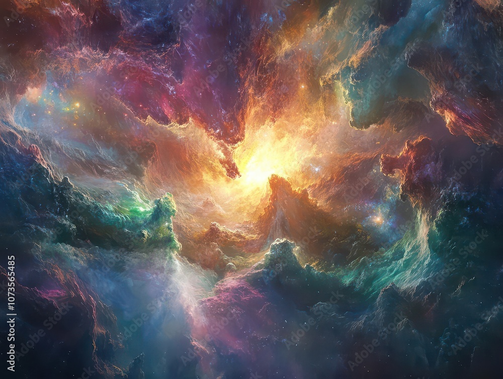 Fototapeta premium epic depiction of creation with celestial bodies, swirling galaxies, and radiant light bursting from a cosmic void, representing the genesis of heaven and earth, vibrant colors and dynamic movement