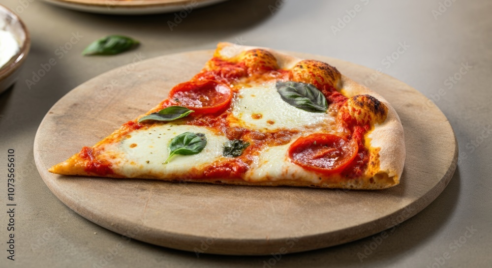 A slice of pizza on a wooden board. A slice of pizza on a wooden board.