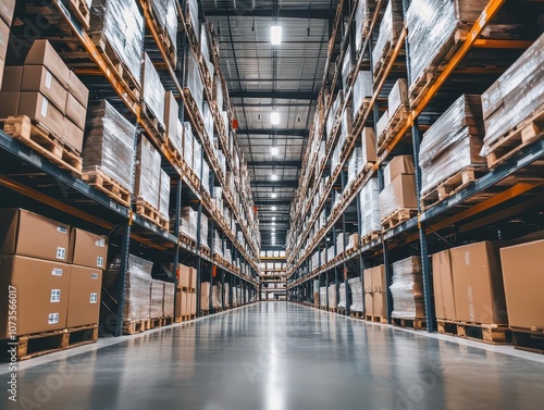 expansive logistics warehouse brimming with neatly stacked boxes and parcels, showcasing the bustling world of merchandise distribution in an organized and efficient space