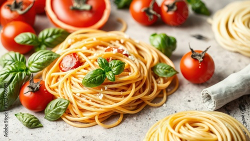 Vibrant Italian Spaghetti with Fresh Tomatoes and Basil - Perfect for a Delicious and Healthy Meal photo