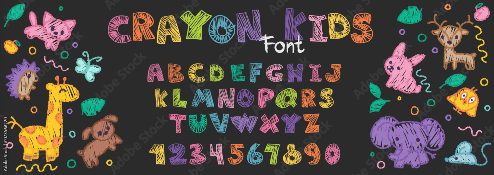 Poster Crayon kids font, children cartoon alphabet with doodle hand ...