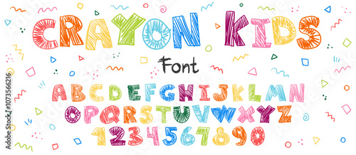 Crayon kids font, doodle funny playful alphabet, hand drawn letters and numbers. School wax crayon abc for educational banners, school, kindergarten. Vector cartoon children illustration