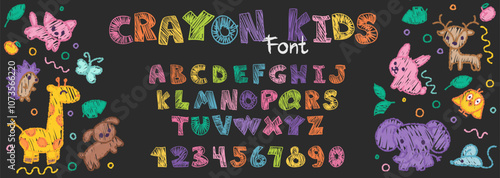 Crayon kids font, children cartoon  alphabet with doodle hand drawn letters, animals and numbers. Chalk style abc for educational banners, kindergarten, book covers. Vector illustration.
