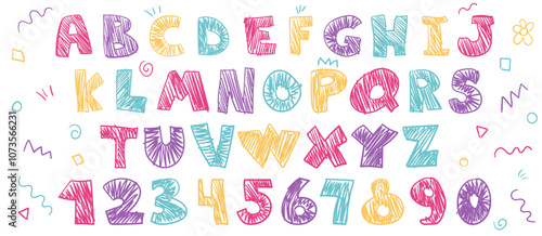 Crayon kids font, doodle funny playful alphabet, hand drawn letters and numbers. School wax crayon abc for educational banners, school, kindergarten. Vector cartoon children illustration